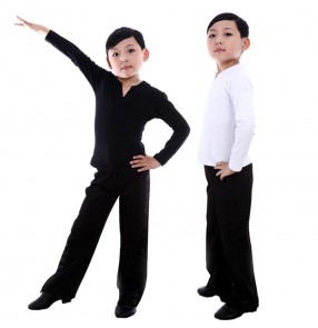 Black white v neck long sleeves boys kids child children baby competition performance professional latin ballroom tango waltz dance dancing top and pants sets outfits